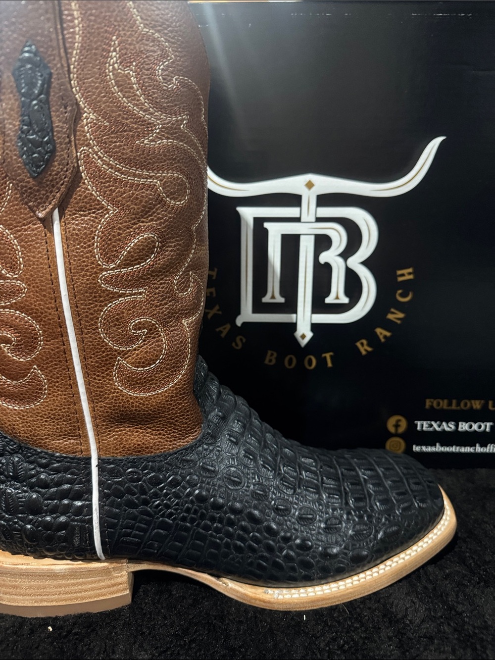 Black Caiman Hornback Leather Boots - Square Toe